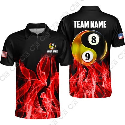 Customized Billiard Quarter-Zip Polo Shirt, Billiard 8-Ball And 9-Ball Yin-Yang Flame, Billiard Jerseys