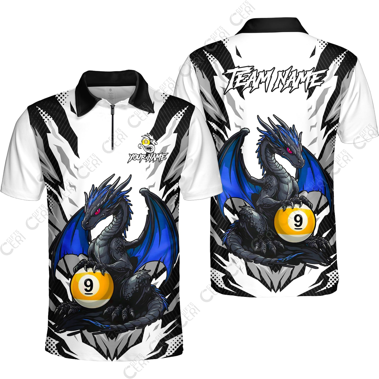 Customized Billiards Quarter-Zip Polo Shirt, Personalized Baby Dragon 9 Ball Jersey Gift For Billiard Players