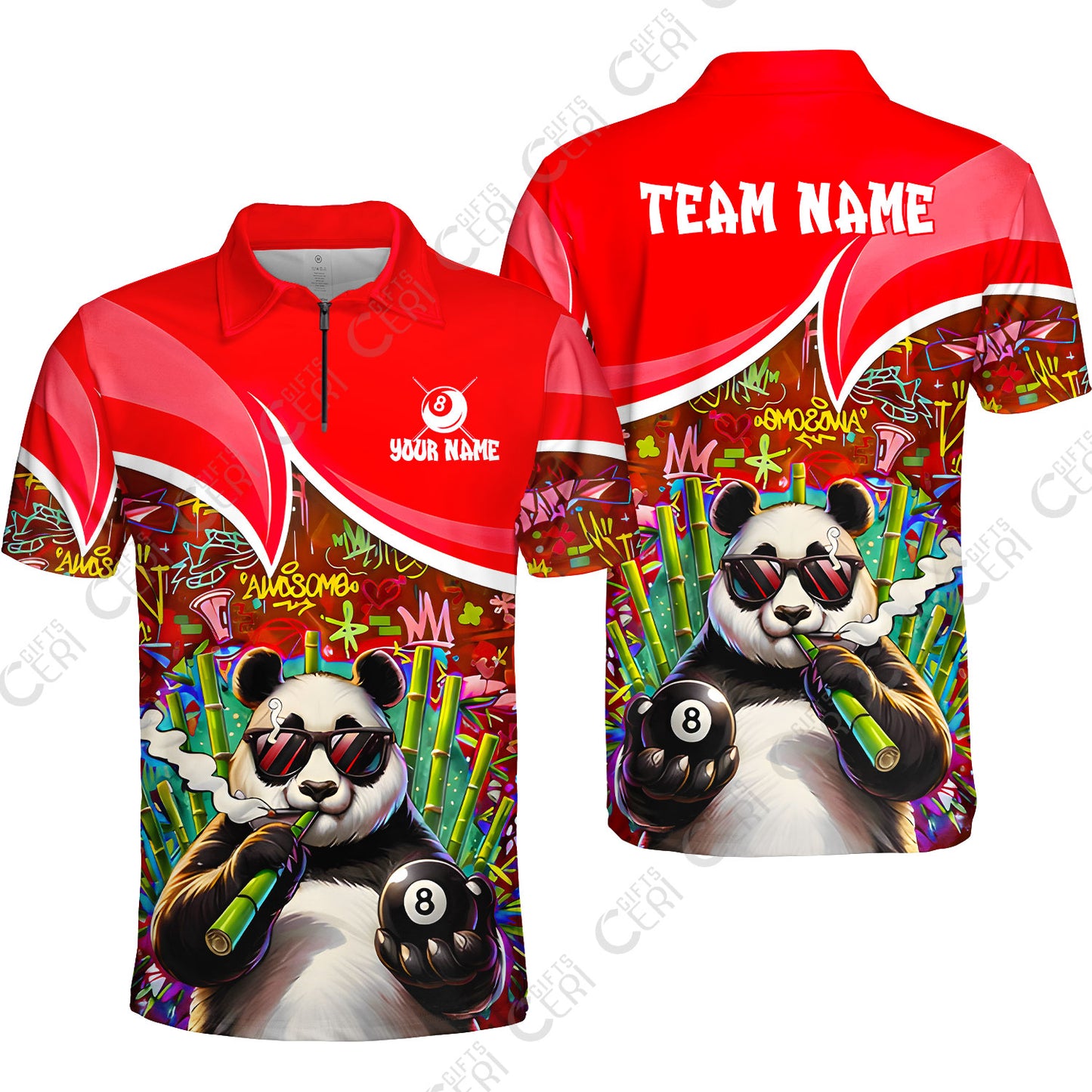 Customized 8 Ball Pool Quarter-Zip Polo Shirt, 8-Ball Panda Bamboo Billiards, Billiards Jerseys