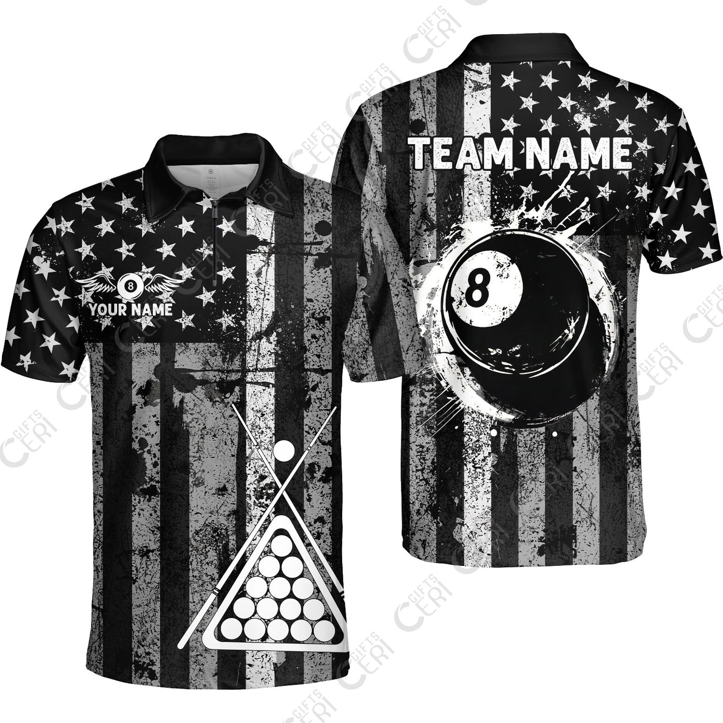 Customized 8 Ball Pool Quarter-Zip Polo Shirt, Distressed American Flag Pattern, Billiards Jerseys