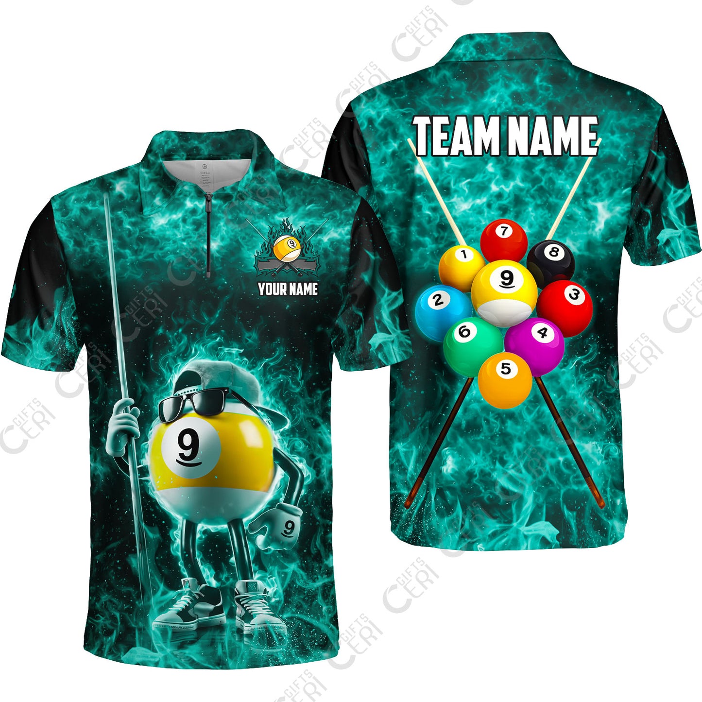 Customized 9 Ball Pool Quarter-Zip Polo Shirt, 9-Ball Wearing Cap And Sunglasses Flaming Burn, Billiard Jerseys