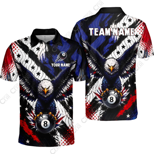 Customized 8 Ball Pool Quarter-Zip Polo Shirt, Eagle Holding Ball American Flag 8-ball, Personalized Billiards Jersey