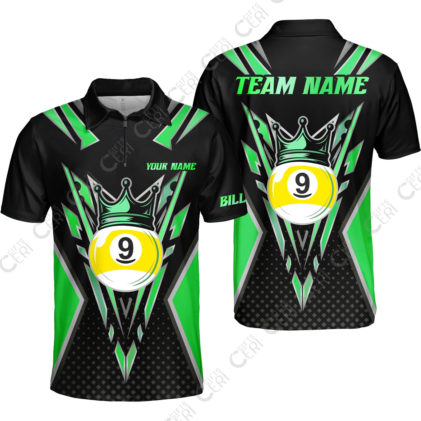 Customized 9 Ball Pool Quarter-Zip Polo Shirt, Billiard 9-Ball Crown, Billiard Jerseys