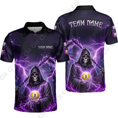 Customized 9 Ball Pool Quarter-Zip Polo Shirt, Lightning And Flame Grim Reaper With 9 Ball, Personalized Billiards Jersey
