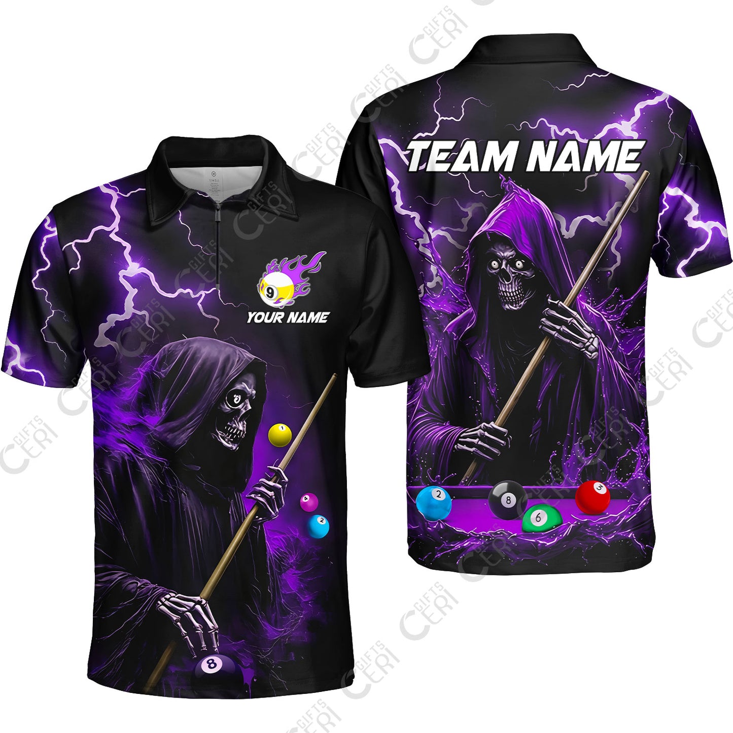 Customized 9 Ball Pool Quarter-Zip Polo Shirt, The Death Plays Billiards 9-Ball Flame, Billiards Jerseys