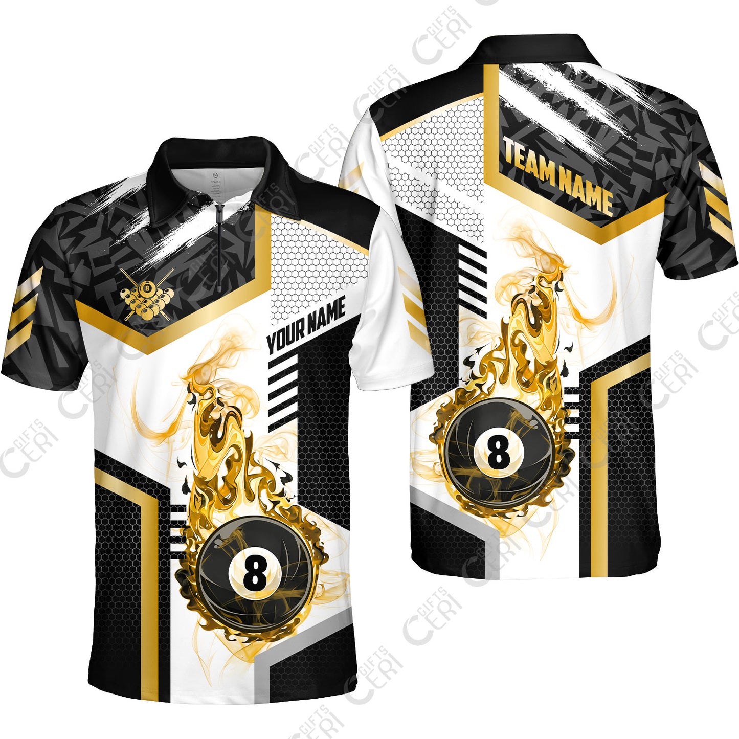 Customized Billiards Quarter-Zip Polo Shirt, Flaming 8-Ball Graphic, 8 Ball Pool Jersey