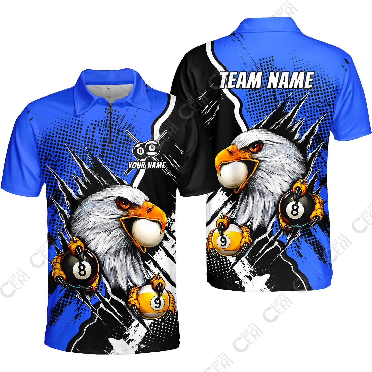 Customized Billiards Quarter-Zip Polo Shirt, 8 & 9 Ball Billiard Eagle Comic Dot Halftone Background Color, Billiards Jerseys