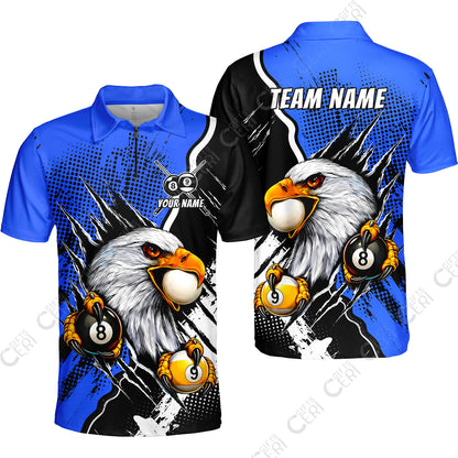 Customized Billiards Quarter-Zip Polo Shirt, 8 & 9 Ball Billiard Eagle Comic Dot Halftone Background Color, Billiards Jerseys
