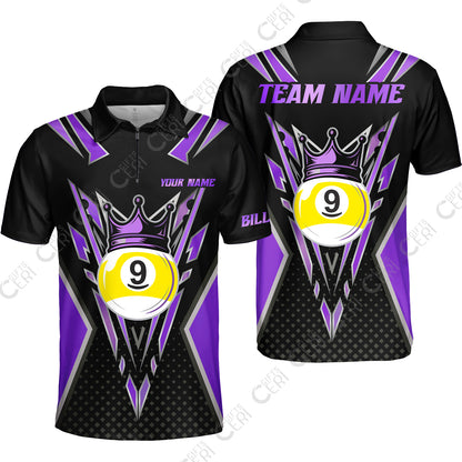 Customized 9 Ball Pool Quarter-Zip Polo Shirt, Billiard 9-Ball Crown, Billiard Jerseys