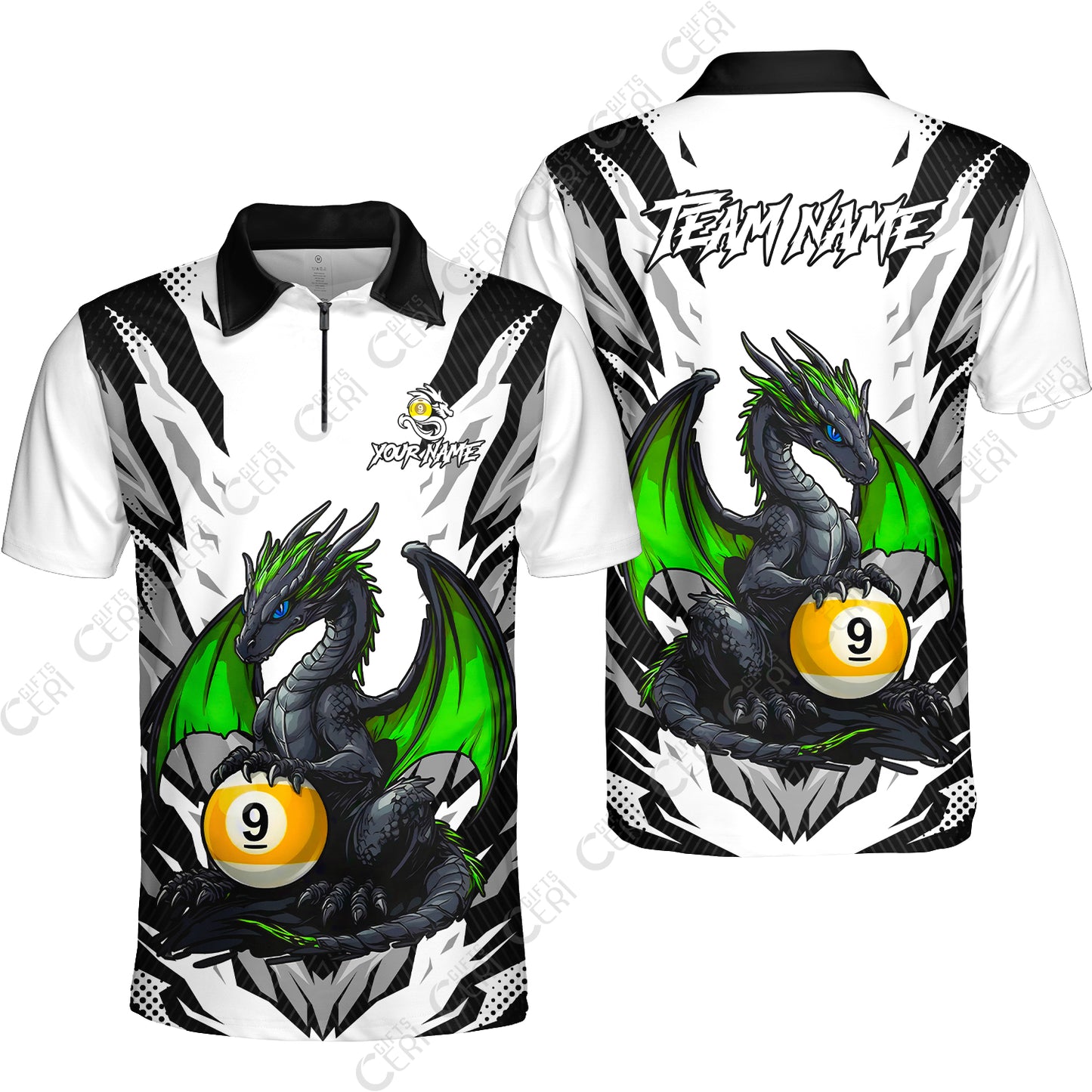 Customized Billiards Quarter-Zip Polo Shirt, Personalized Baby Dragon 9 Ball Jersey Gift For Billiard Players