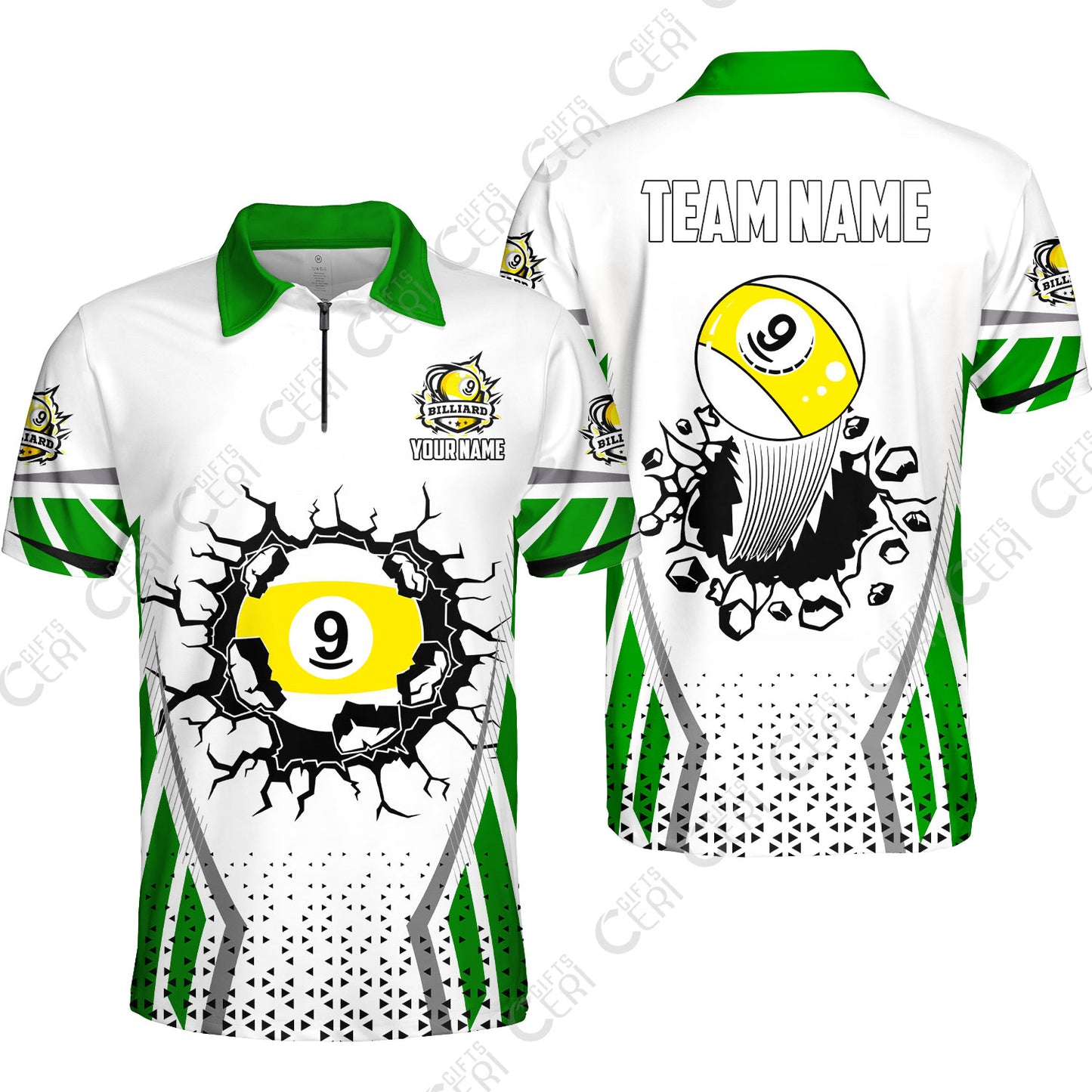 Customized 9 Ball Pool Quarter-Zip Polo Shirt, Billiard Triangle Pattern, 9-Ball Breaks The Wall, Billiard Jerseys