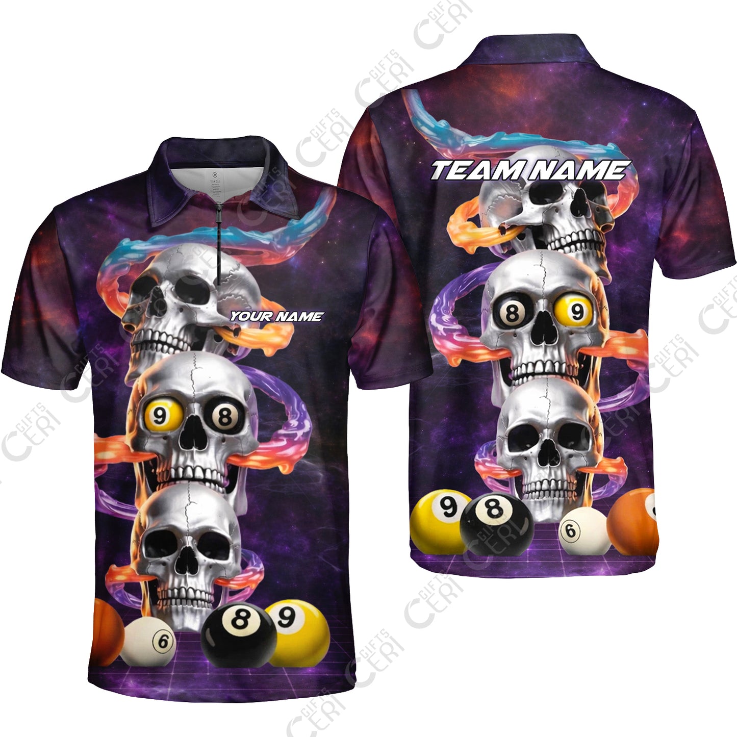 Customized 8 Ball Pool Quarter-Zip Polo Shirt, Billiards 8-Ball Galaxy Reaper, Billiards Jerseys