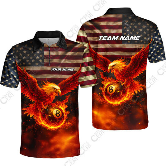Customized 8 Ball Pool Quarter-Zip Polo Shirt, Billiards 8-Ball American Flag Fire Eagle, Billiards Jerseys