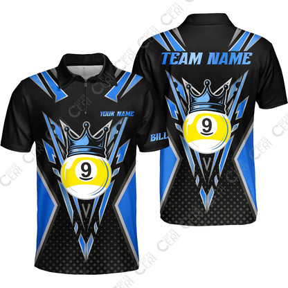 Customized 9 Ball Pool Quarter-Zip Polo Shirt, Billiard 9-Ball Crown, Billiard Jerseys