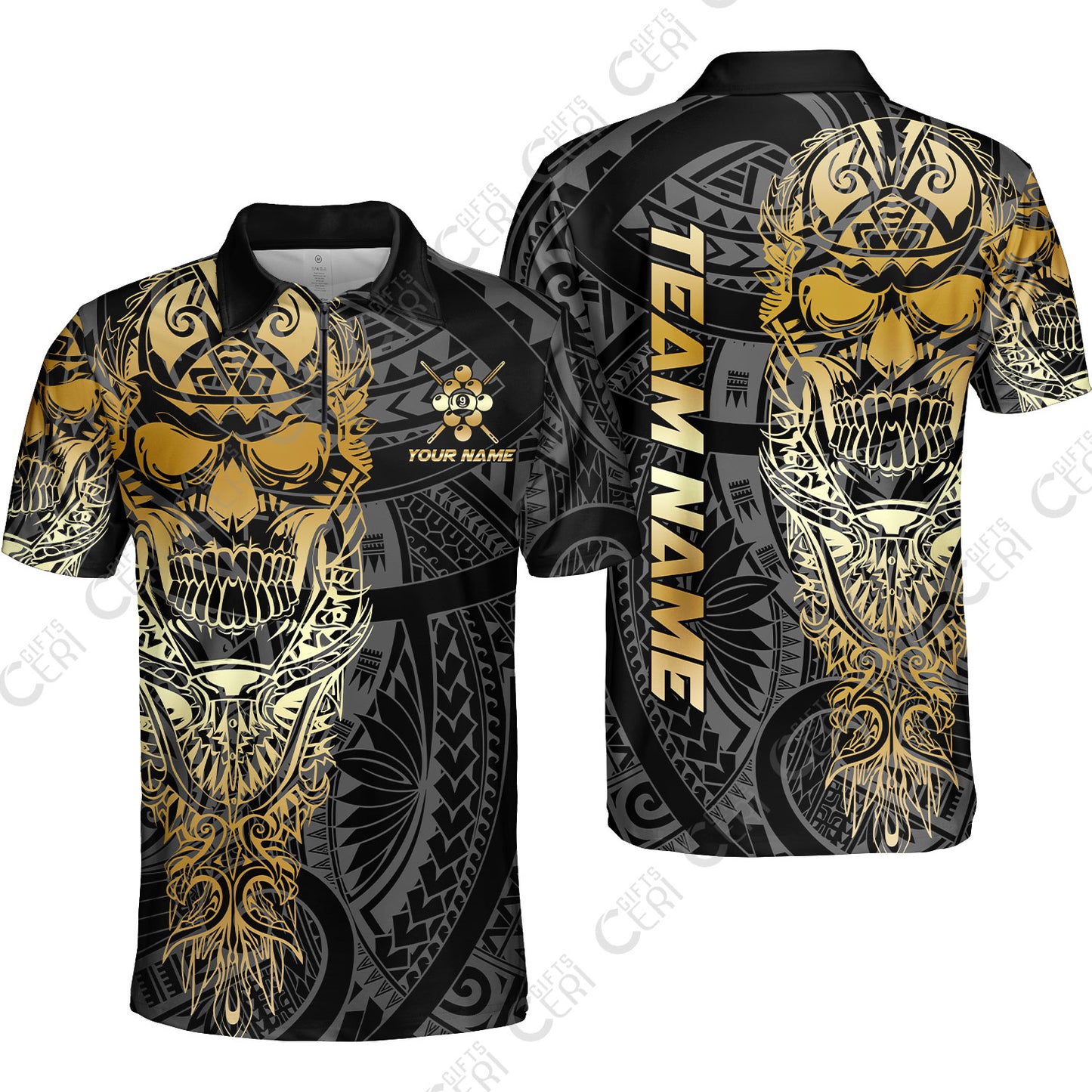 Customized 9 Ball Pool Quarter-Zip Polo Shirt, 9-Ball Billiard Ethnic Tribal Style Pattern, Billiards Jerseys