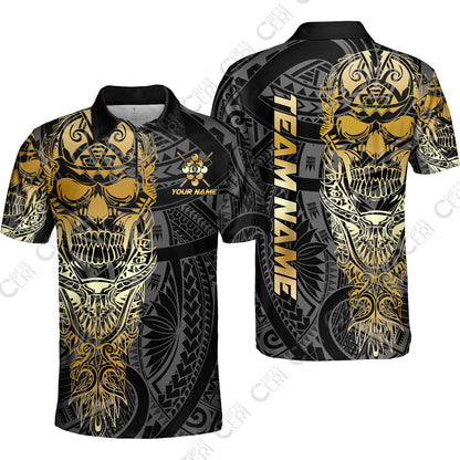 Customized 9 Ball Pool Quarter-Zip Polo Shirt, 9-Ball Billiard Ethnic Tribal Style Pattern, Billiards Jerseys