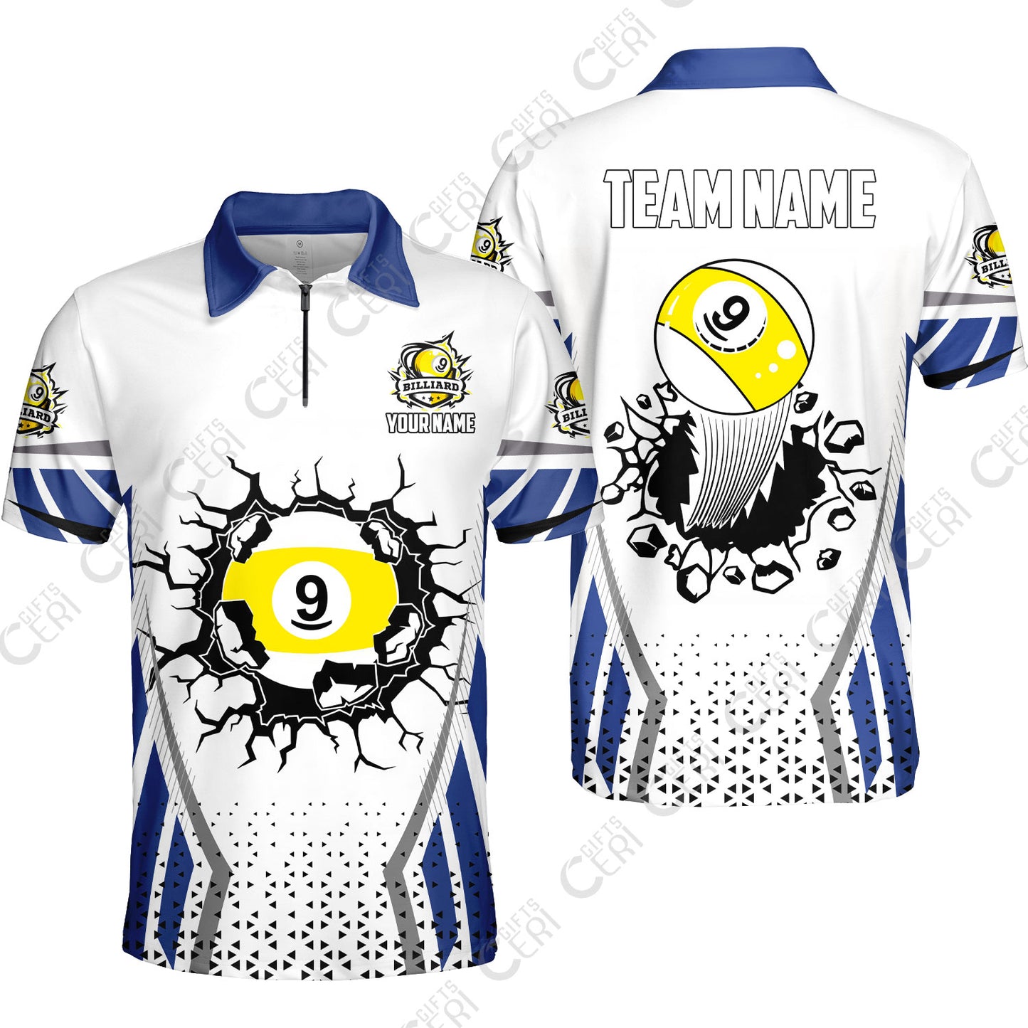 Customized 9 Ball Pool Quarter-Zip Polo Shirt, Billiard Triangle Pattern, 9-Ball Breaks The Wall, Billiard Jerseys