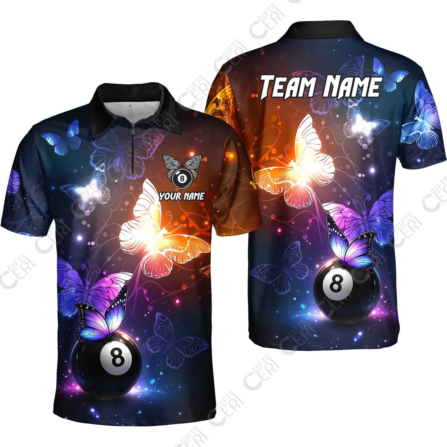 Customized 8 Ball Pool Quarter-Zip Polo Shirt, Billiard Butterfly Sparkle 8-Ball, Personalized Billiards Jersey