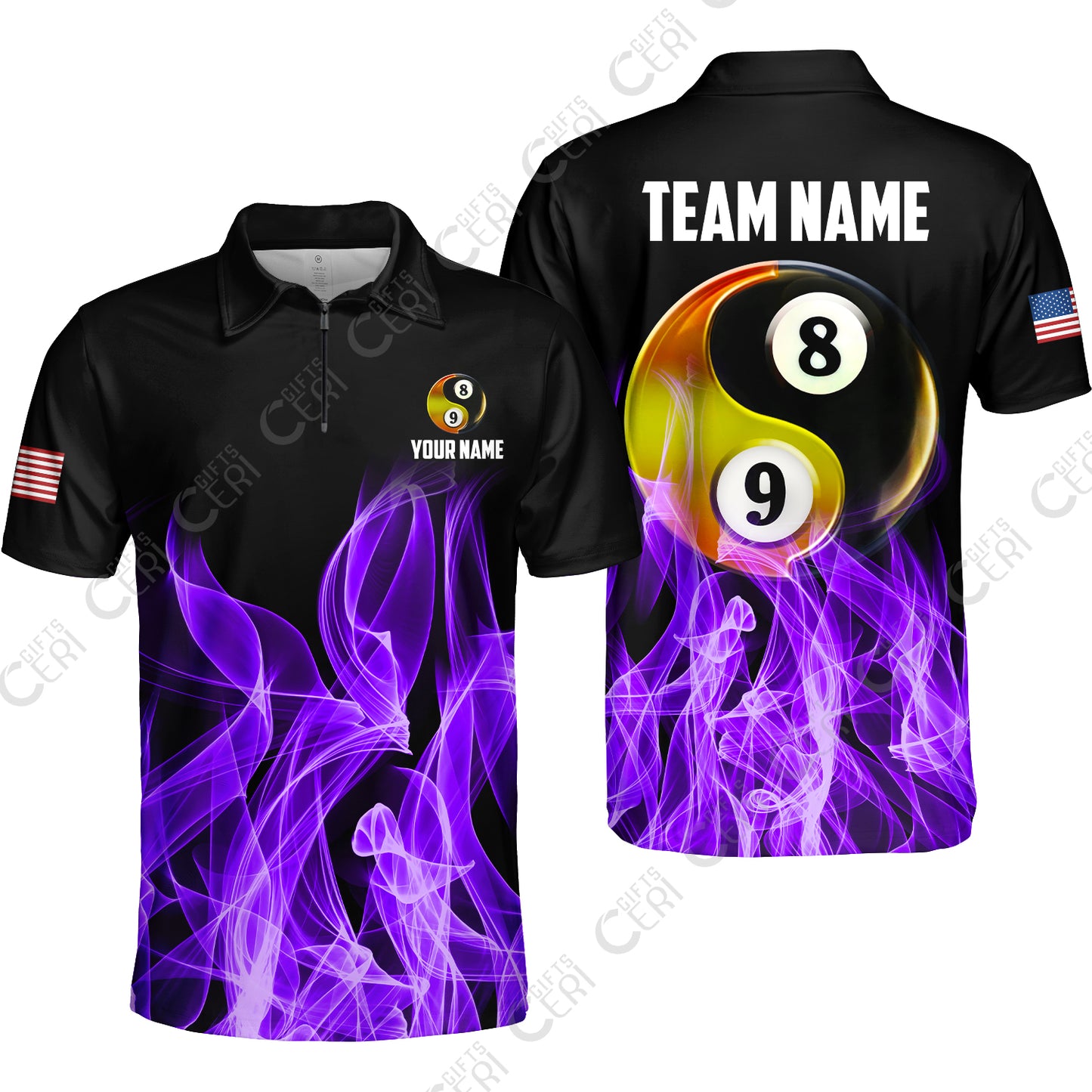 Customized Billiard Quarter-Zip Polo Shirt, Billiard 8-Ball And 9-Ball Yin-Yang Flame, Billiard Jerseys