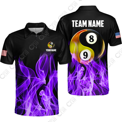 Customized Billiard Quarter-Zip Polo Shirt, Billiard 8-Ball And 9-Ball Yin-Yang Flame, Billiard Jerseys