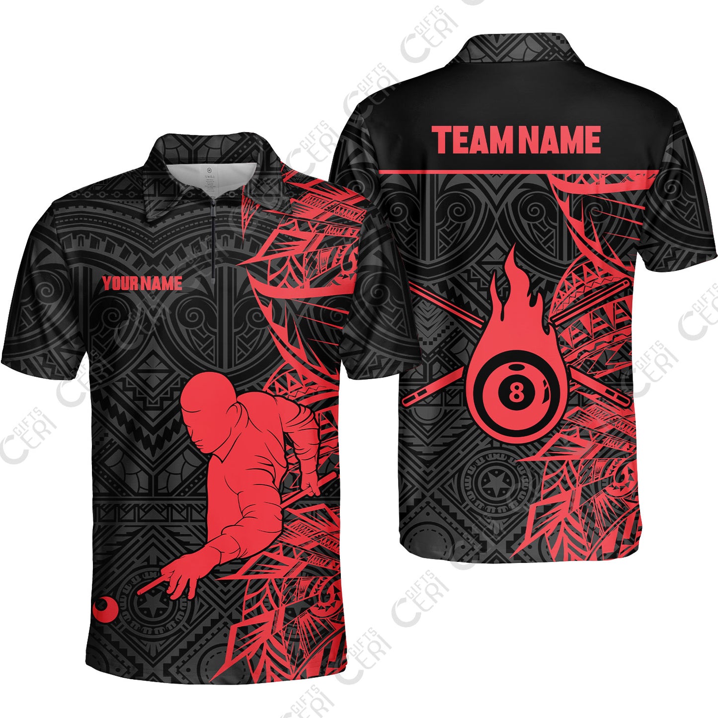 Customized 8 Ball Pool Quarter-Zip Polo Shirt, 8-Ball Billiards Tattoo Pattern, Billiards Jerseys