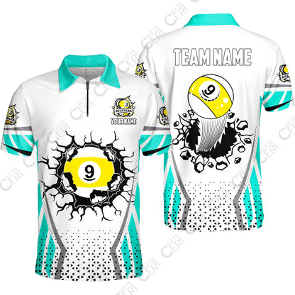 Customized 9 Ball Pool Quarter-Zip Polo Shirt, Billiard Triangle Pattern, 9-Ball Breaks The Wall, Billiard Jerseys