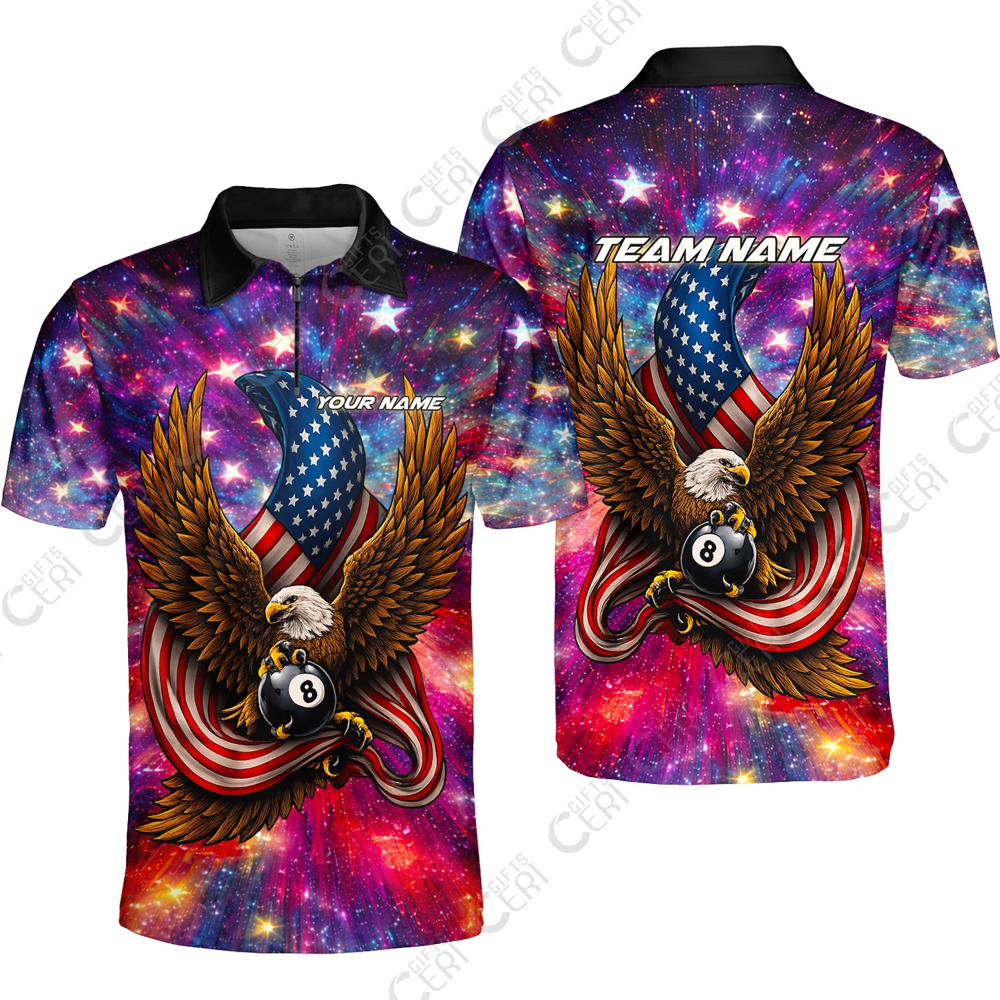 Customized 8 Ball Pool Quarter-Zip Polo Shirt, Billiard American Flag Galactic Eagle, Billiards Jerseys