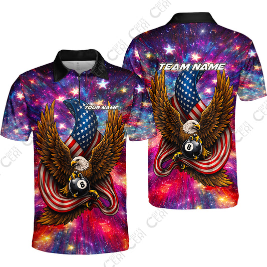 Customized 8 Ball Pool Quarter-Zip Polo Shirt, Billiard American Flag Galactic Eagle, Billiards Jerseys