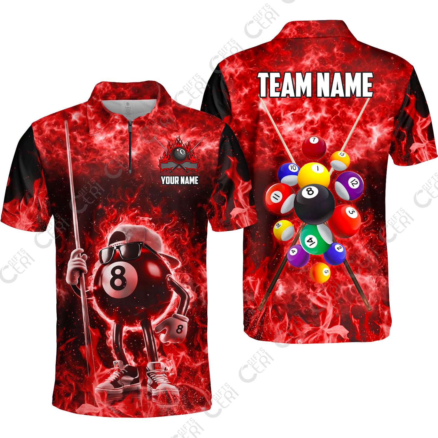 Customized 8 Ball Pool Quarter-Zip Polo Shirt, 8-Ball Wearing Cap And Sunglasses Flaming Burn, Billiard Jerseys
