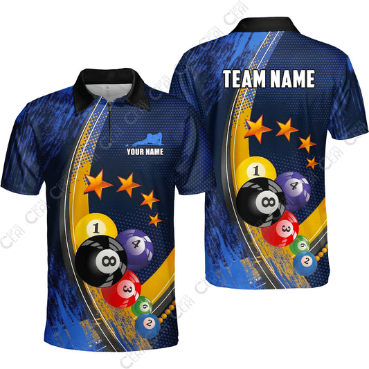 Customized 8 Ball Pool Quarter-Zip Polo Shirt, Brush Paint Billiards 8-Ball, Personalized Billiards Jersey