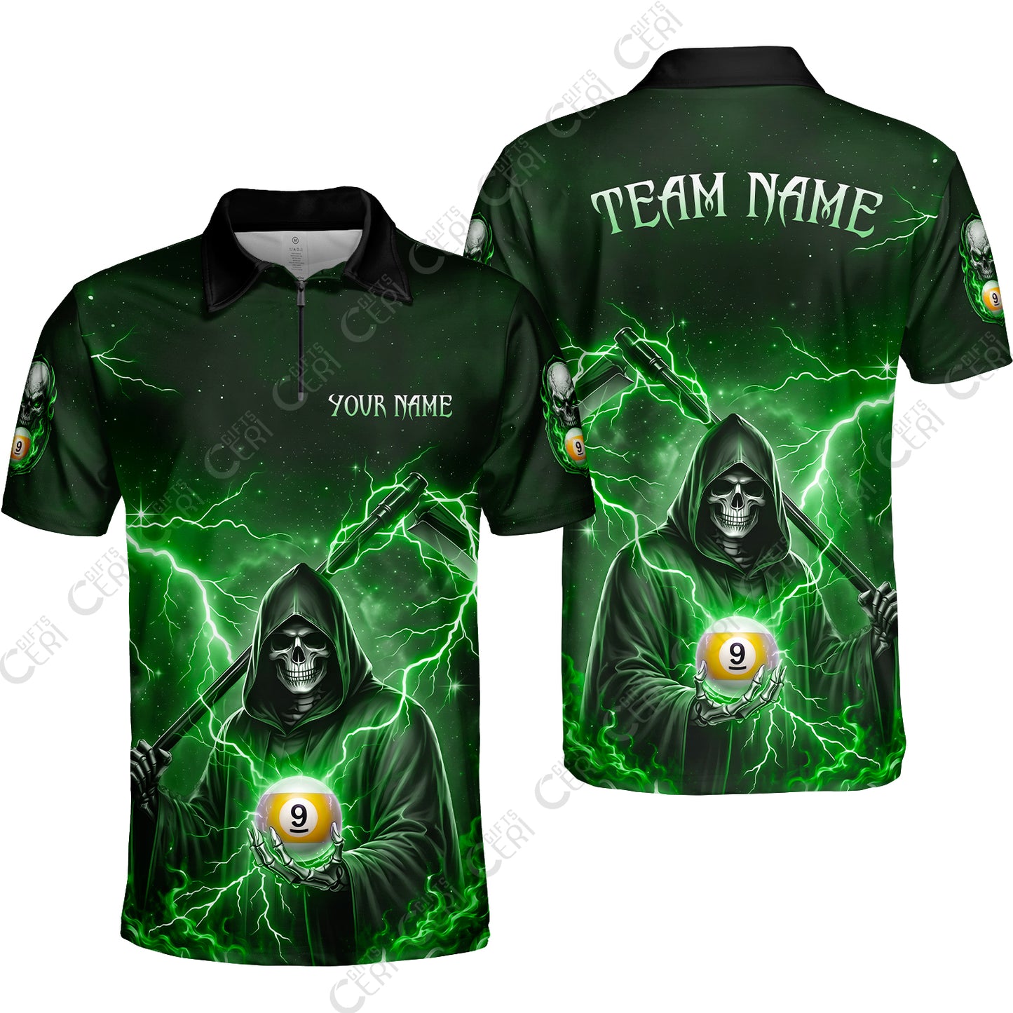 Customized 9 Ball Pool Quarter-Zip Polo Shirt, Lightning And Flame Grim Reaper With 9 Ball, Personalized Billiards Jersey