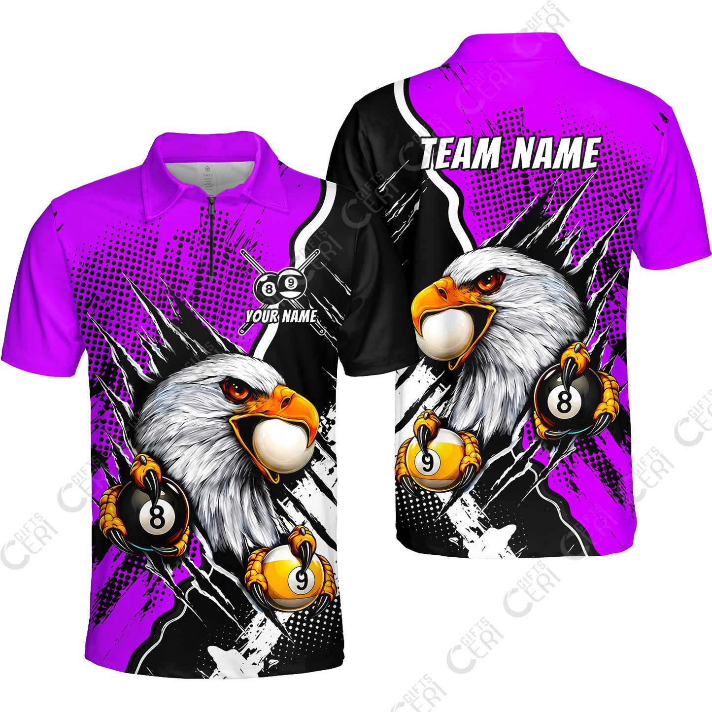 Customized Billiards Quarter-Zip Polo Shirt, 8 & 9 Ball Billiard Eagle Comic Dot Halftone Background Color, Billiards Jerseys