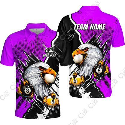 Customized Billiards Quarter-Zip Polo Shirt, 8 & 9 Ball Billiard Eagle Comic Dot Halftone Background Color, Billiards Jerseys
