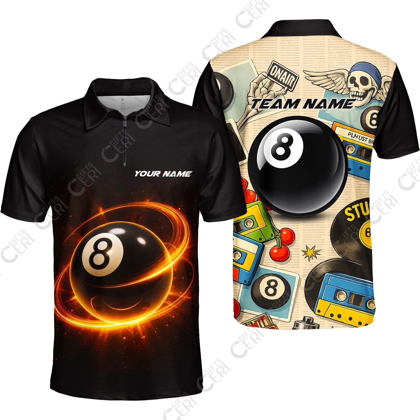 Customized 8 Ball Pool Quarter-Zip Polo Shirt, Billiard 8-Ball Retro Vibes, Billiards Jerseys