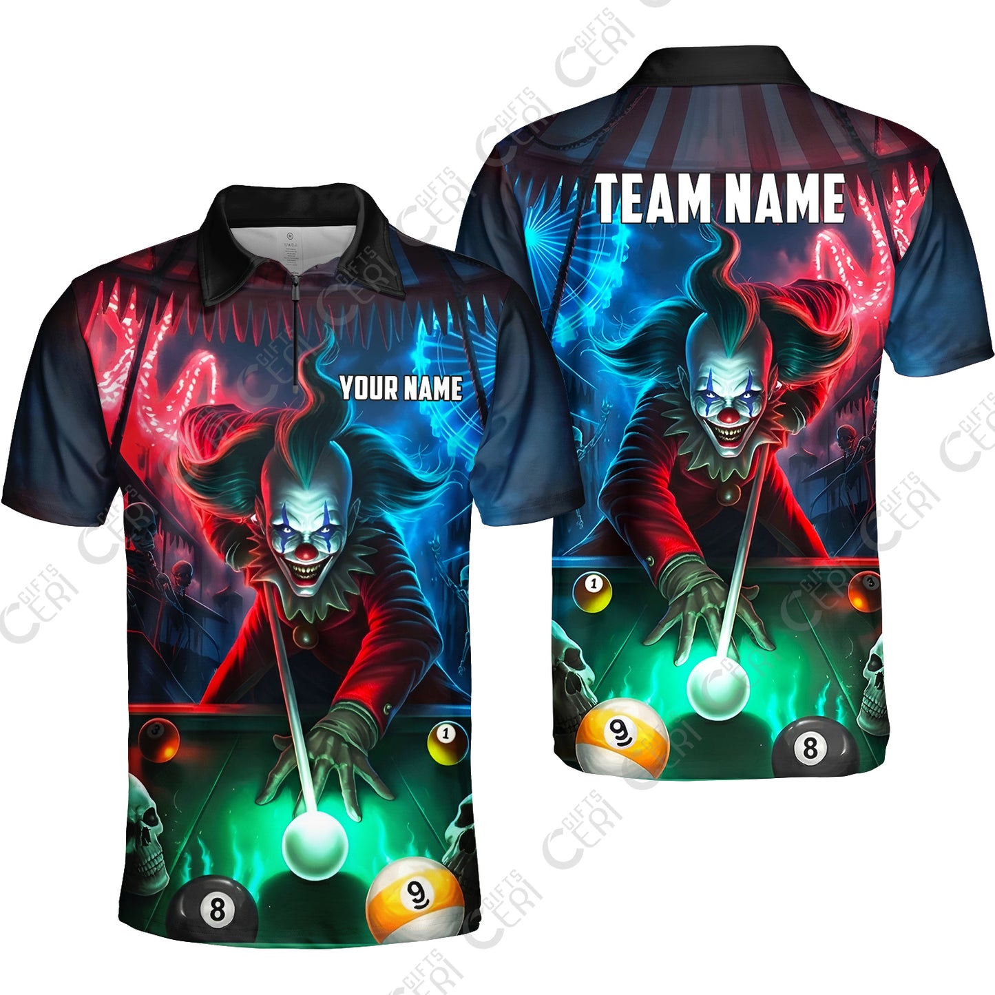 Customized Billiards Quarter-Zip Polo Shirt, 8 & 9 Ball Pool Nightmare Billiards Clown Jersey, Billiards Jerseys