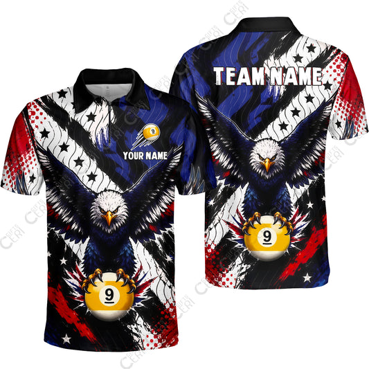 Customized 9 Ball Pool Quarter-Zip Polo Shirt, Eagle Holding Ball American Flag 9-ball, Personalized Billiards Jersey