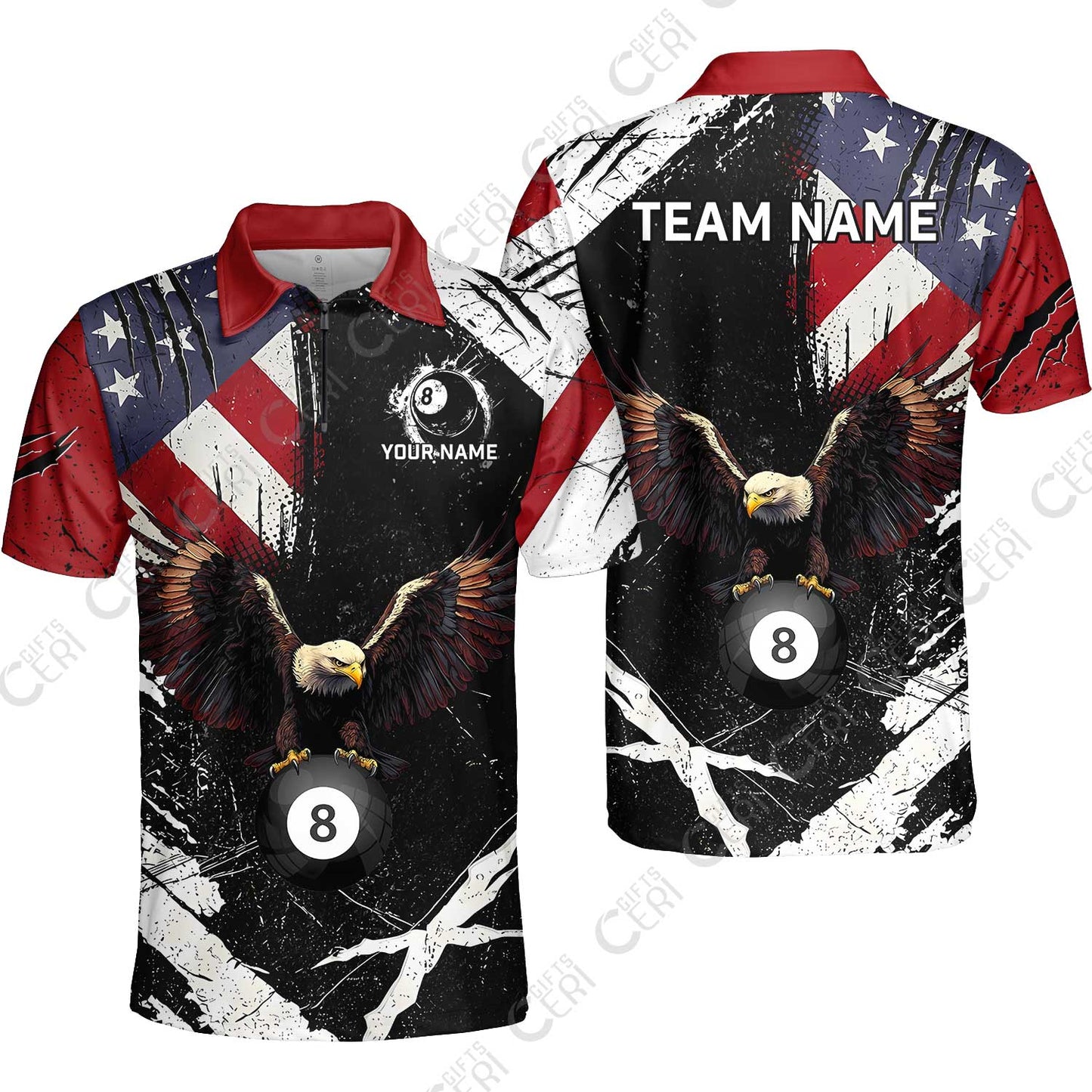 Customized 8 Ball Pool Quarter-Zip Polo Shirt, Eagle Billiard American Flag 8-ball, Personalized Billiards Jersey