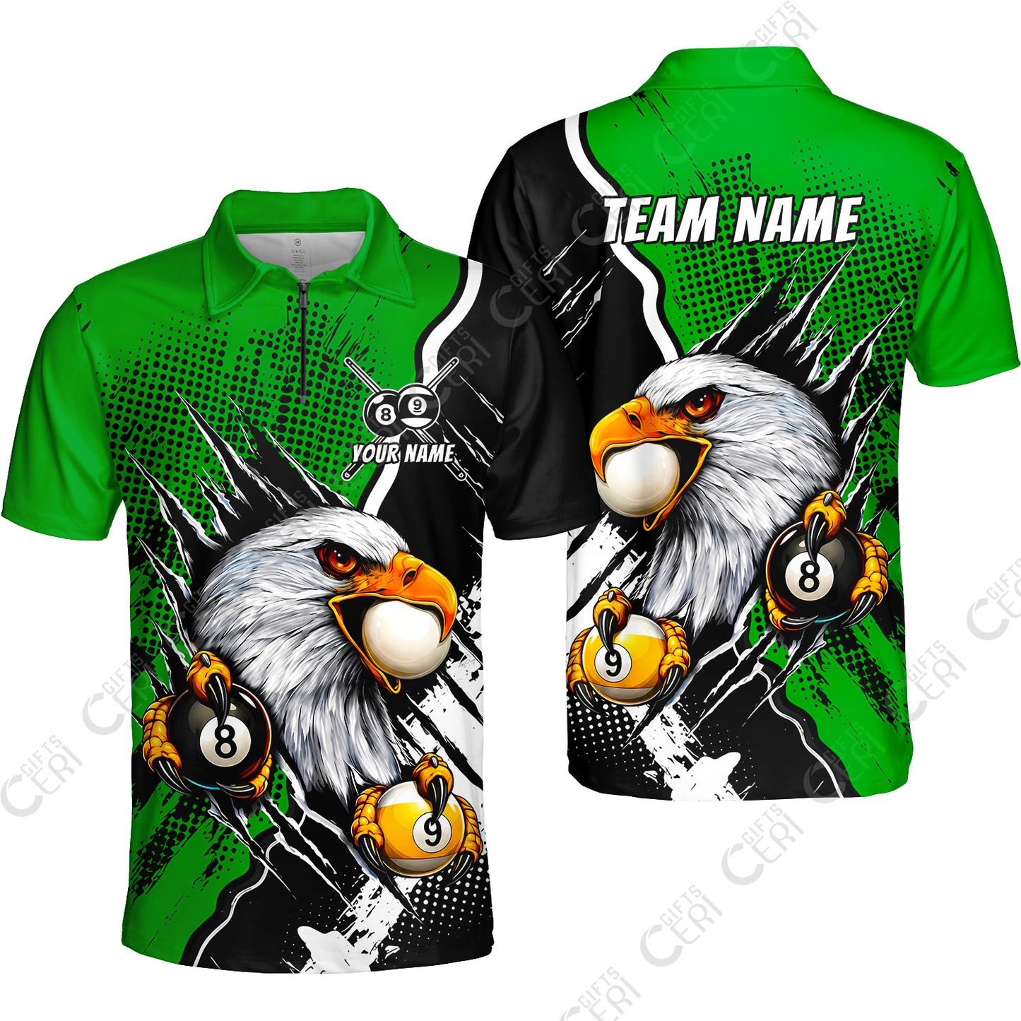 Customized Billiards Quarter-Zip Polo Shirt, 8 & 9 Ball Billiard Eagle Comic Dot Halftone Background Color, Billiards Jerseys