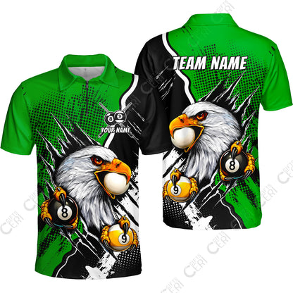Customized Billiards Quarter-Zip Polo Shirt, 8 & 9 Ball Billiard Eagle Comic Dot Halftone Background Color, Billiards Jerseys