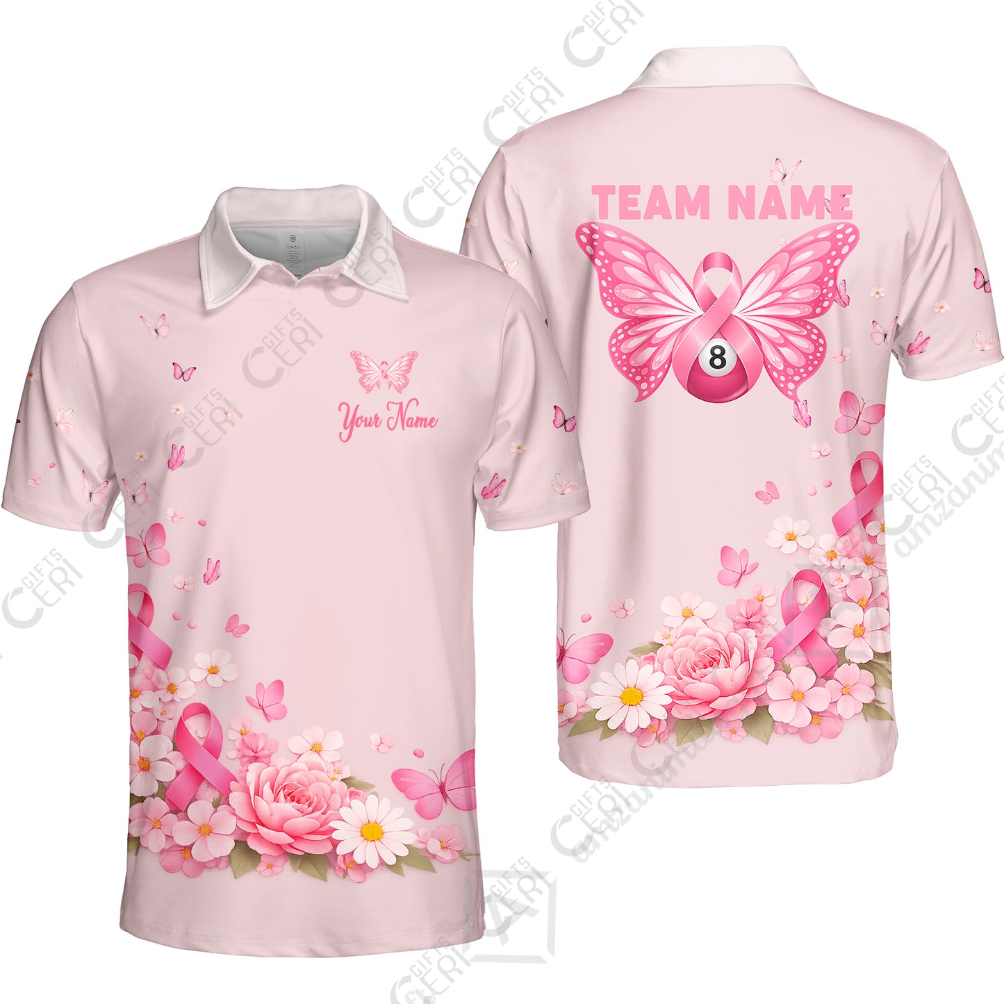 Customized 8 Ball Pool Quarter-Zip Polo Shirt, Floral Butterfly Billiards 8-Ball, Personalized Billiards Jersey
