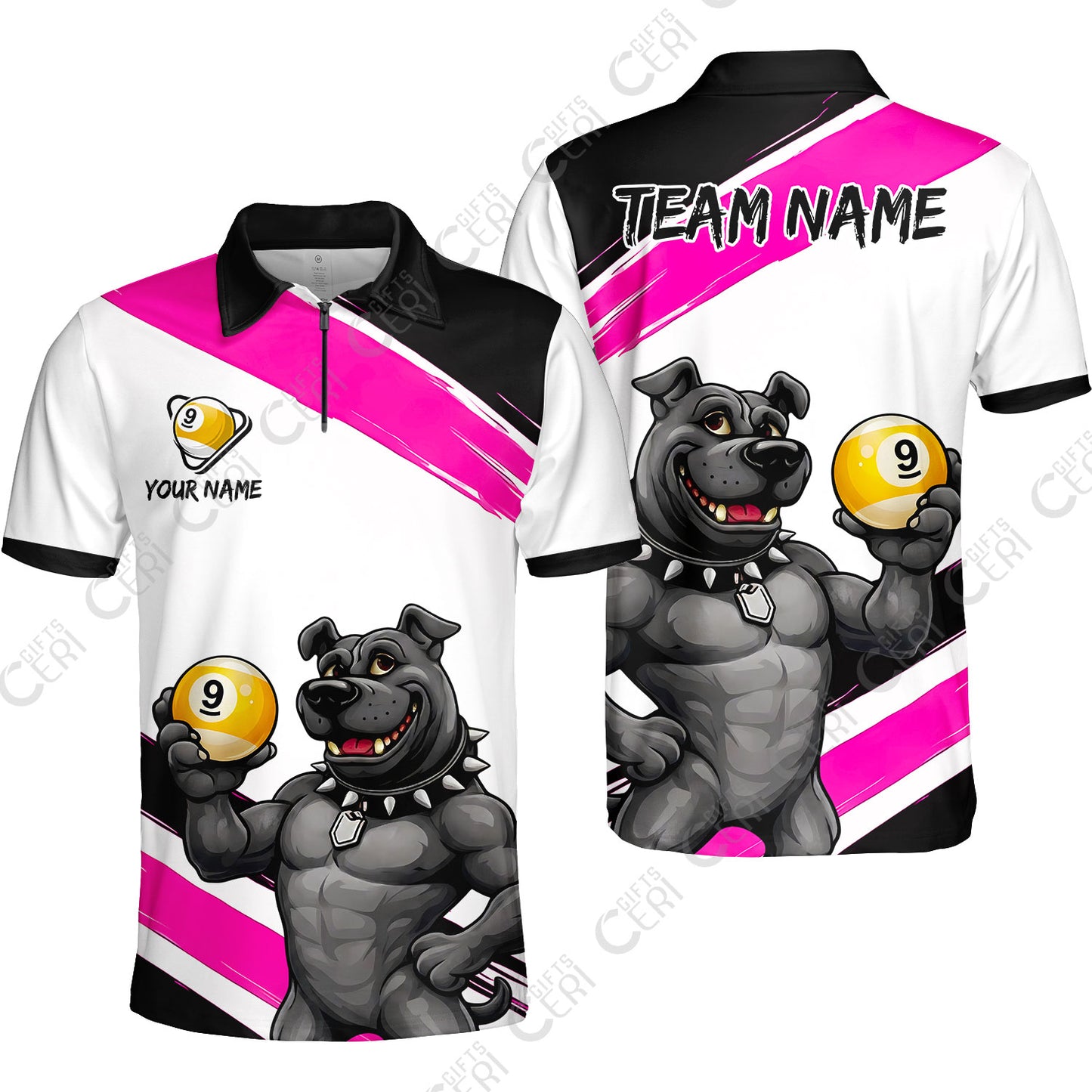 Customized Billiards Quarter-Zip Polo Shirt, Personalized Pitbull 9 Ball Jersey Gift For Billiard Players