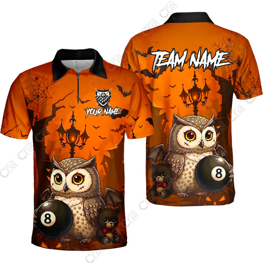 Customized 8 Ball Pool Quarter-Zip Polo Shirt, Halloween Owl Holding 8-Ball, Personalized Billiards Jersey