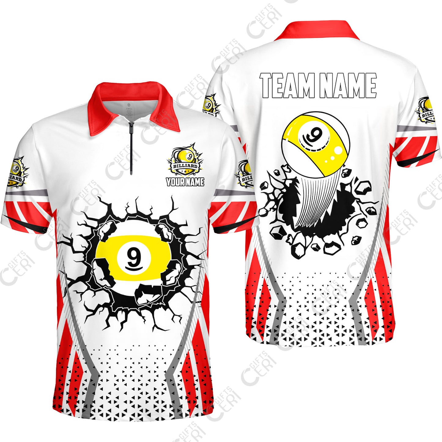 Customized 9 Ball Pool Quarter-Zip Polo Shirt, Billiard Triangle Pattern, 9-Ball Breaks The Wall, Billiard Jerseys