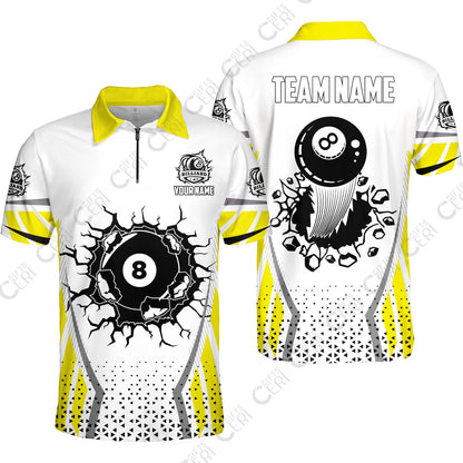 Customized 8 Ball Pool Quarter-Zip Polo Shirt, Billiard Triangle Pattern, 8-Ball Breaks The Wall, Billiard Jerseys