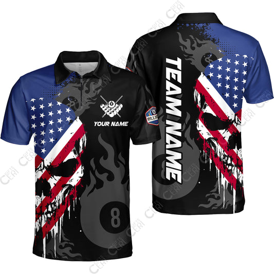 Customized 8 Ball Pool Quarter-Zip Polo Shirt, Billiards 8-Ball Flame And The Skull With American Flag, Billiards Jerseys