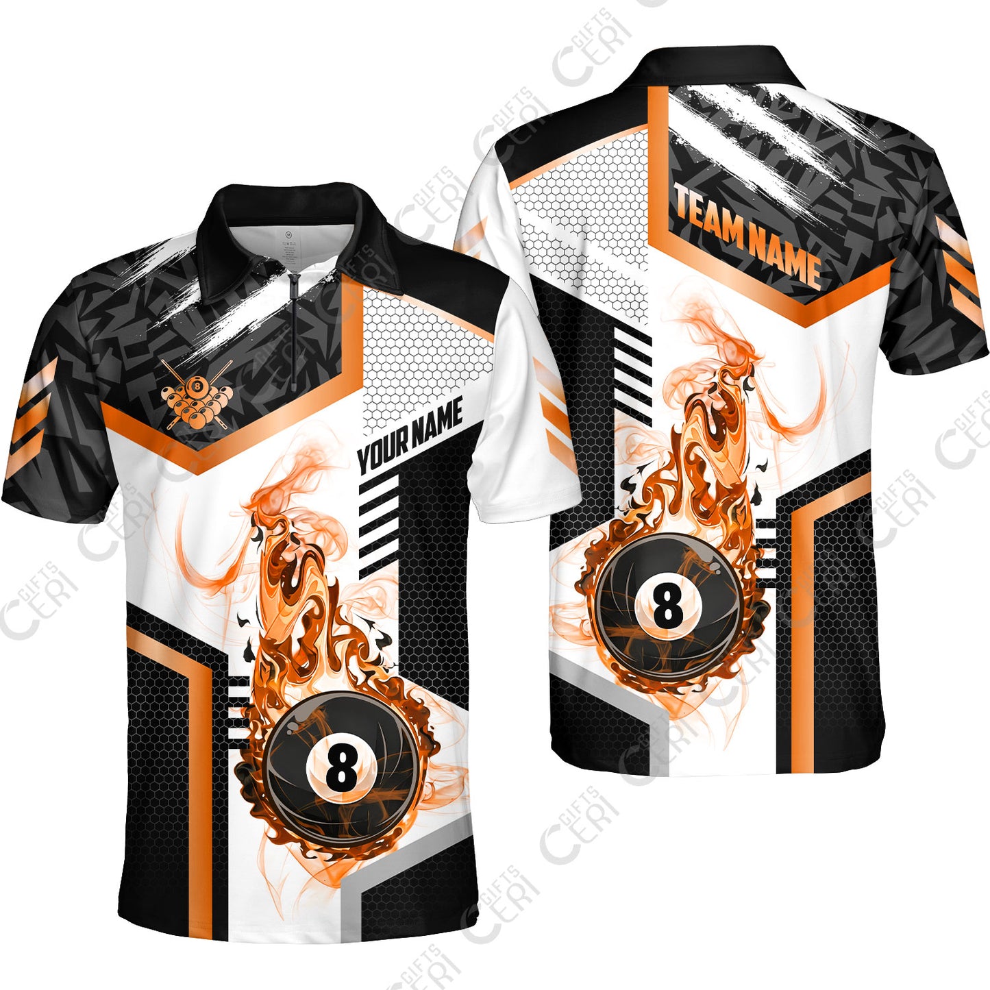 Customized Billiards Quarter-Zip Polo Shirt, Flaming 8-Ball Graphic, 8 Ball Pool Jersey