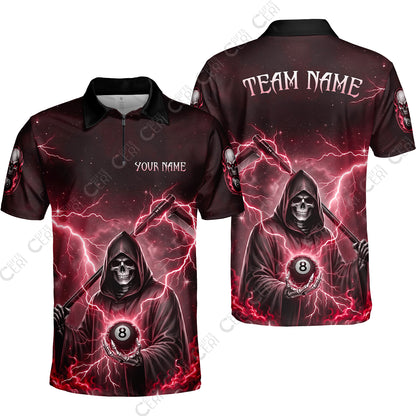 Customized 8 Ball Pool Quarter-Zip Polo Shirt, Lightning And Flame Grim Reaper With 8 Ball, Personalized Billiards Jersey