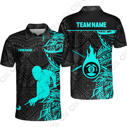 Customized 9 Ball Pool Quarter-Zip Polo Shirt, 9-Ball Billiards Tattoo Pattern, Billiards Jerseys