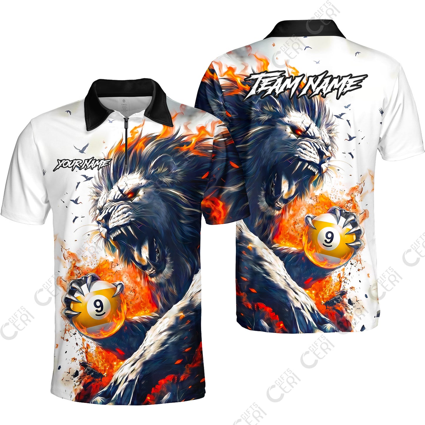 Customized 9 Ball Pool Quarter-Zip Polo Shirt, Lion Fire Lava 9-Ball, Personalized Billiards Jersey
