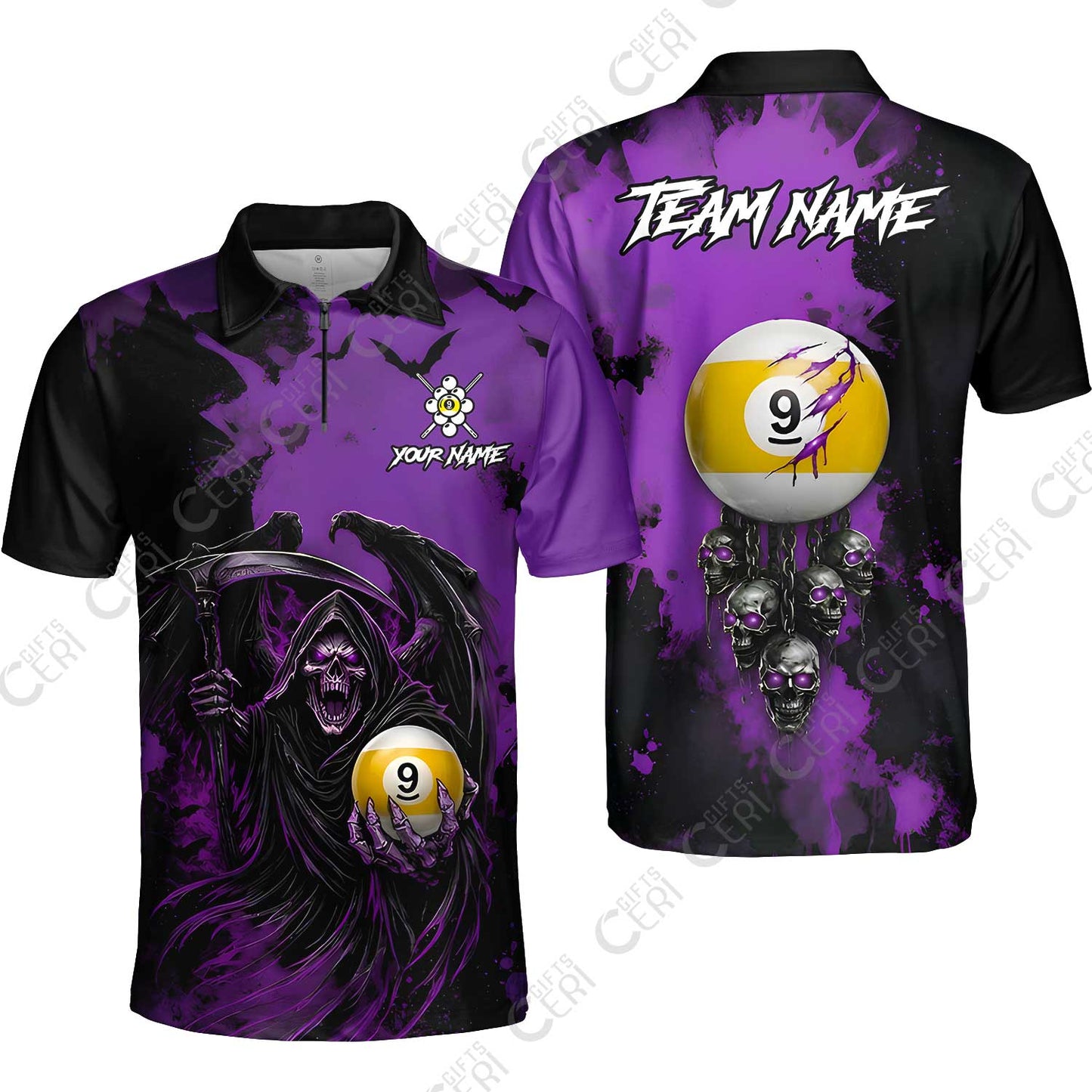 Customized 9 Ball Pool Quarter-Zip Polo Shirt, Billiard Death Skull Paint Splash 9-Ball, Billiards Jersey